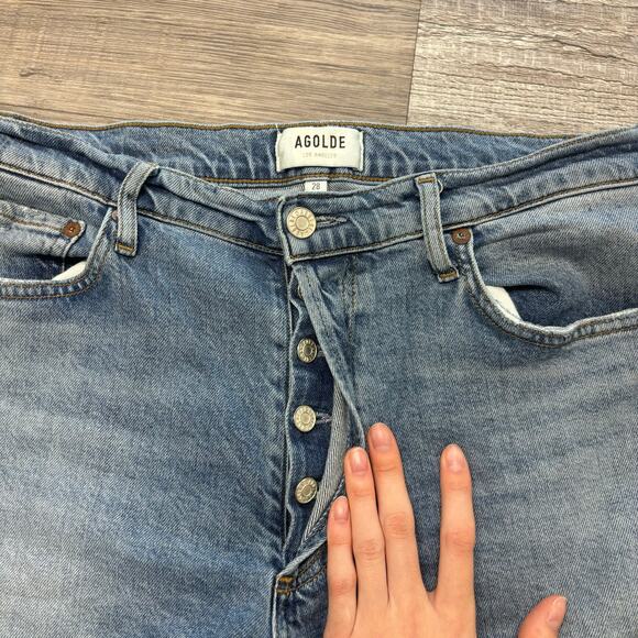 Agolde Nico Blue Womens 28 High Rise Slim Straight Distressed Button Fly Jeans - Picture 3 of 12